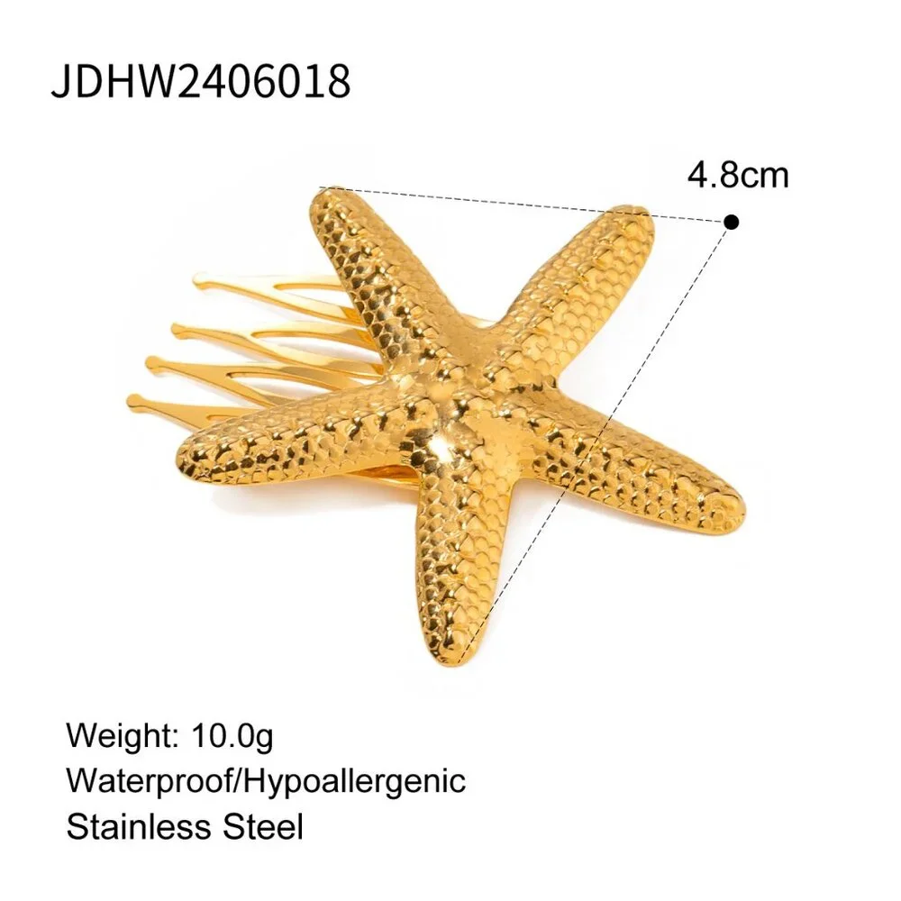 18K Gold Plated Stainless Steel Textured Starfish Coastal Hair Comb Waterproof